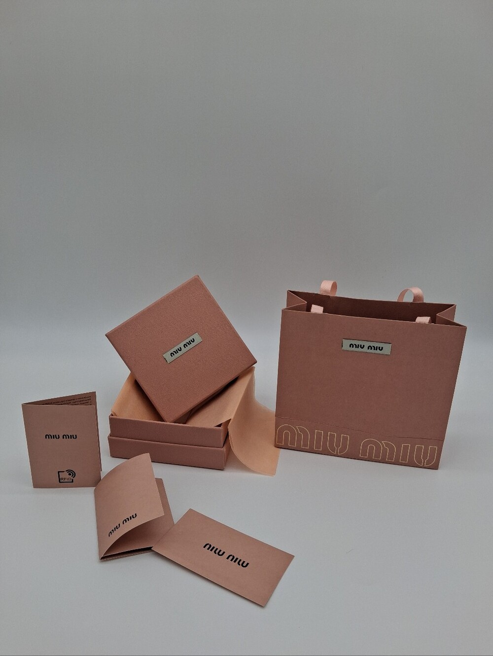 MIU MIU Pink Gift Packaging Set Box Bag Tissue RFID Booklet Cards EUC - Picture 2 of 16